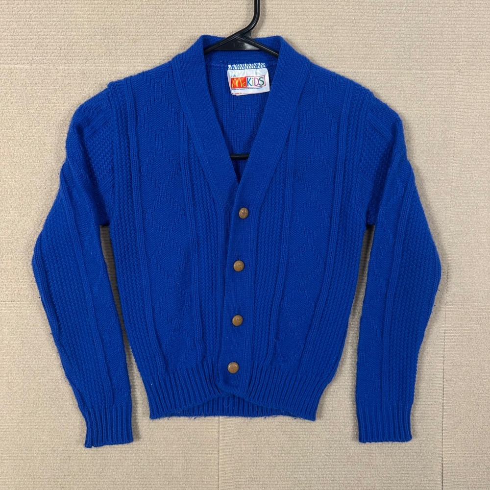 Vintage McKids Cardigan Sweater Kids L 7 Blue Cable Knit Shawl Collar USA Made